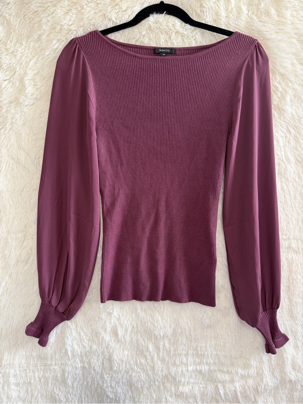 RW & CO. Womens Ribbed Knit Long Sleeve Top Size S Plum Sheer Puff Sleeves Work